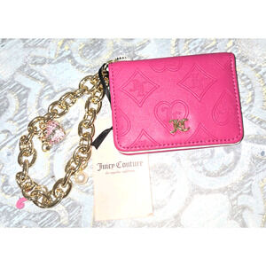 Juicy Couture Bifold Wristlet Wallet with Gold Chain, Pink Rhinestone Heart